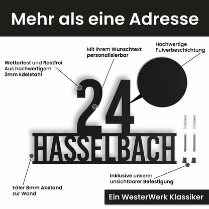 Edelstahl Hausnummer personalisiert – Stolze Nummer auf Namen, mit Wunschnummer und Wunschtext gestalten · WesterWerk