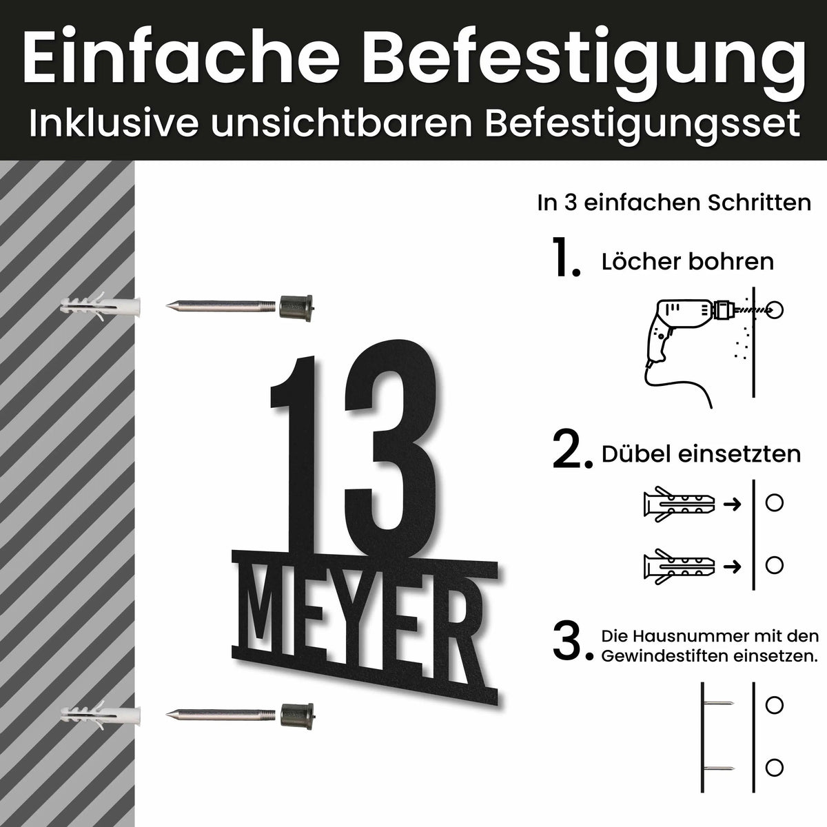 Edelstahl Hausnummer personalisiert – Stolze Nummer auf Namen, Montage mit unsichtbarem Befestigungsset · WesterWerk