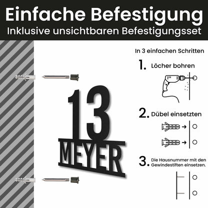 Edelstahl Hausnummer personalisiert – Stolze Nummer auf Namen, Montage mit unsichtbarem Befestigungsset · WesterWerk