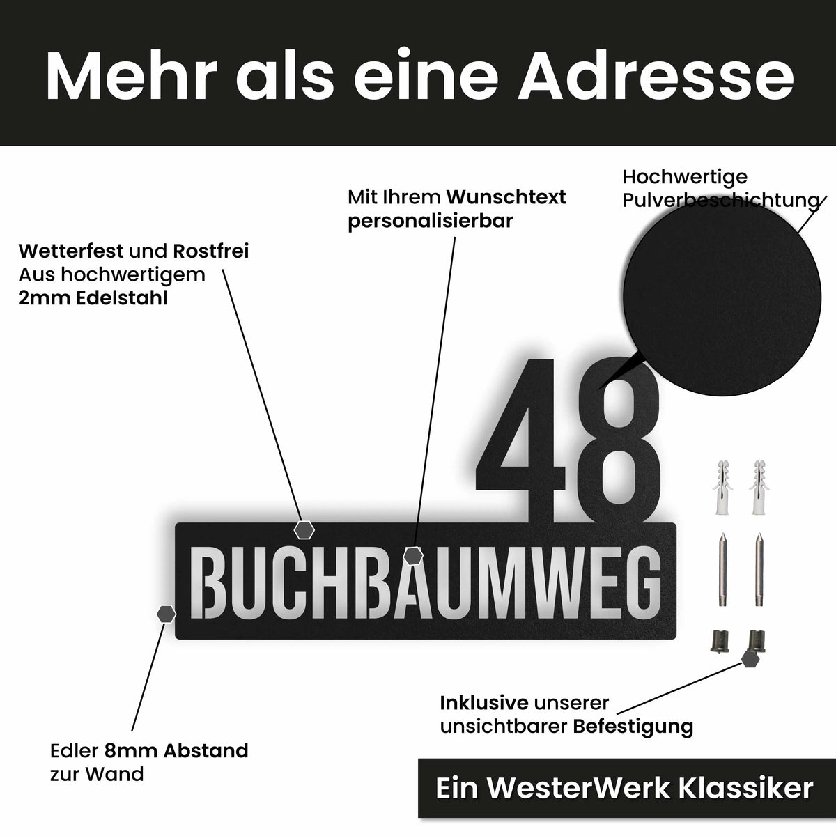 Edelstahl Hausnummer personalisiert – Straße mit Hausnummer, mit Wunschnummer und Wunschtext gestalten · WesterWerk