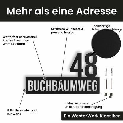 Edelstahl Hausnummer personalisiert – Straße mit Hausnummer, mit Wunschnummer und Wunschtext gestalten · WesterWerk