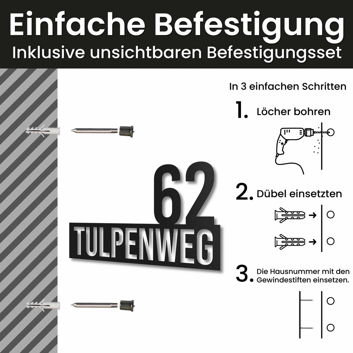 Edelstahl Hausnummer personalisiert – Straße mit Hausnummer, Montage mit unsichtbarem Befestigungsset · WesterWerk