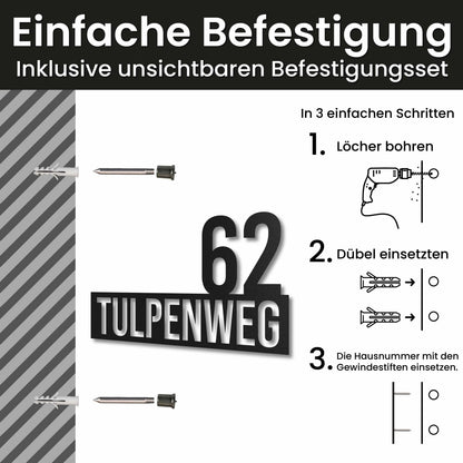 Edelstahl Hausnummer personalisiert – Straße mit Hausnummer, Montage mit unsichtbarem Befestigungsset · WesterWerk