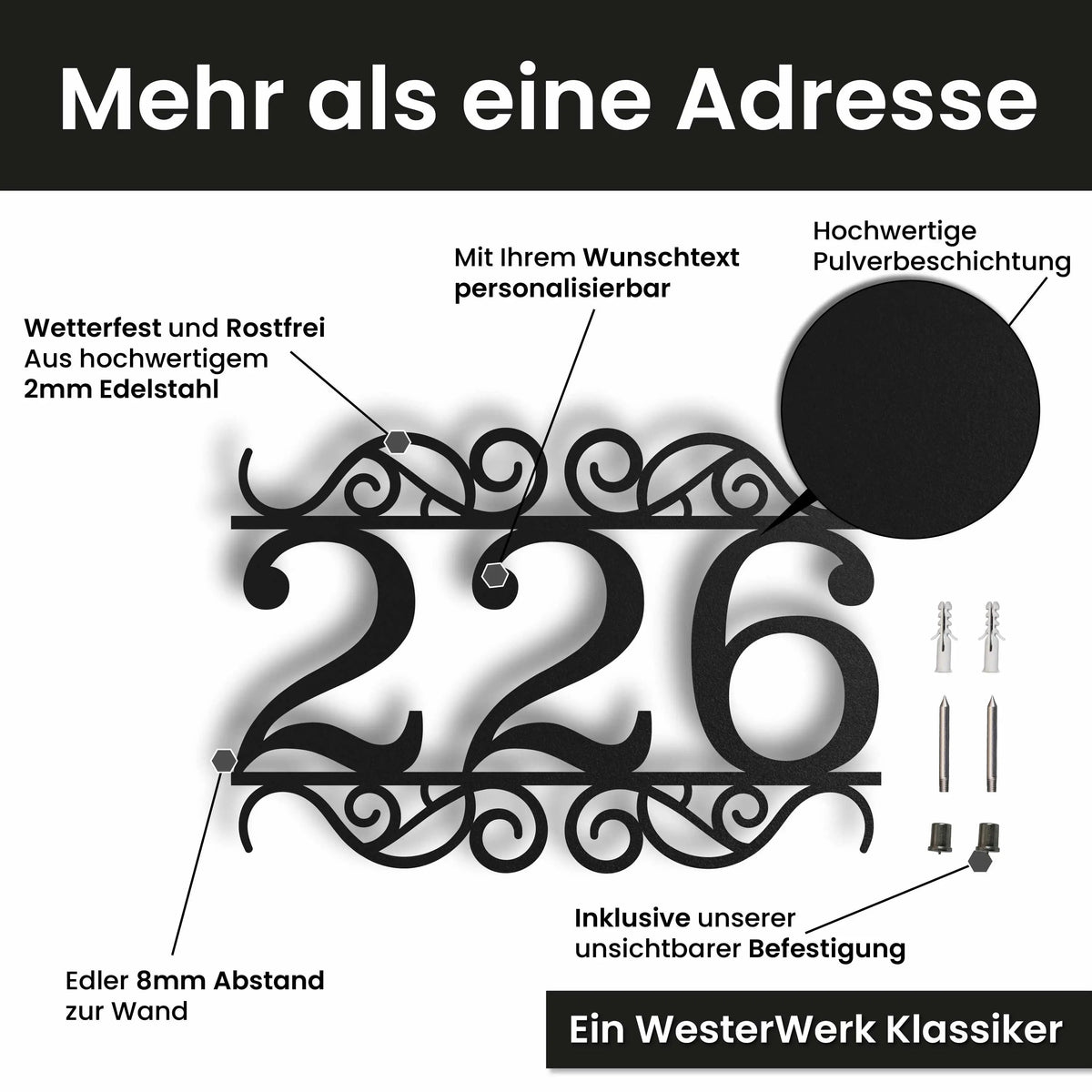 Edelstahl Hausnummer personalisiert – Verzierte Hausnummer, mit Wunschnummer und Wunschtext gestalten · WesterWerk