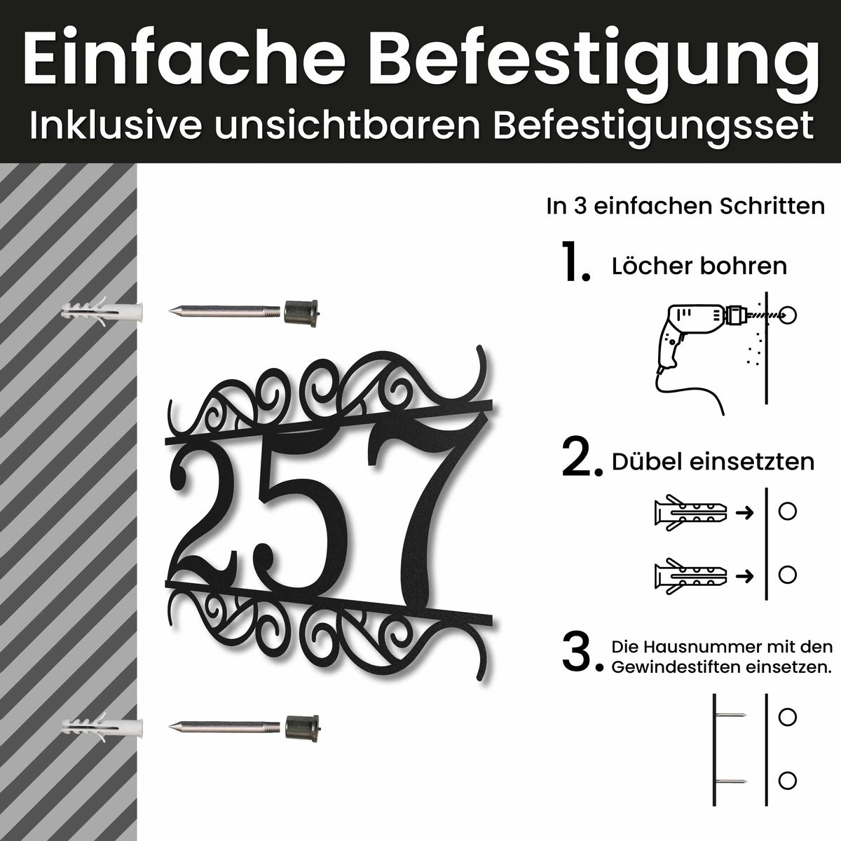 Edelstahl Hausnummer personalisiert – Verzierte Hausnummer, Montage mit unsichtbarem Befestigungsset · WesterWerk