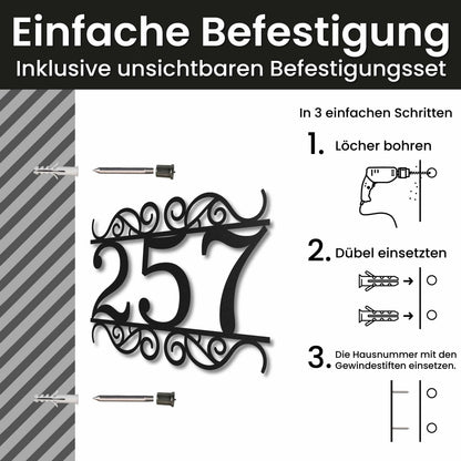 Edelstahl Hausnummer personalisiert – Verzierte Hausnummer, Montage mit unsichtbarem Befestigungsset · WesterWerk