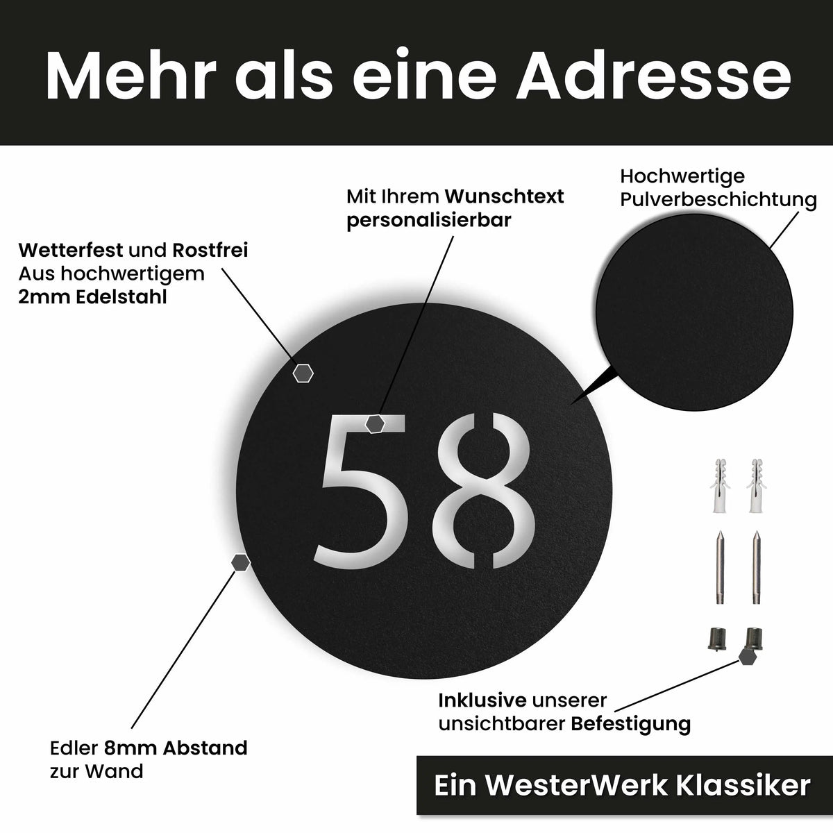 Edelstahl Hausnummernschild personalisiert – Hausnummer im Kreis, mit Wunschnummer und Wunschtext gestalten · WesterWerk