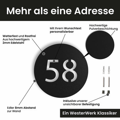 Edelstahl Hausnummernschild personalisiert – Hausnummer im Kreis, mit Wunschnummer und Wunschtext gestalten · WesterWerk