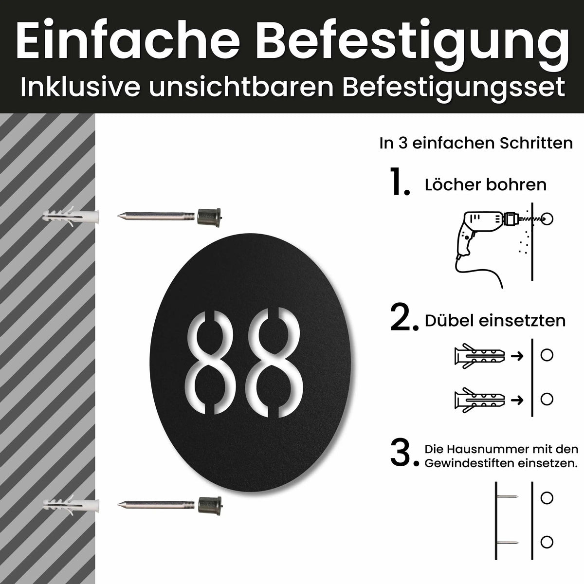 Edelstahl Hausnummernschild personalisiert – Hausnummer im Kreis, Montage mit unsichtbarem Befestigungsset · WesterWerk