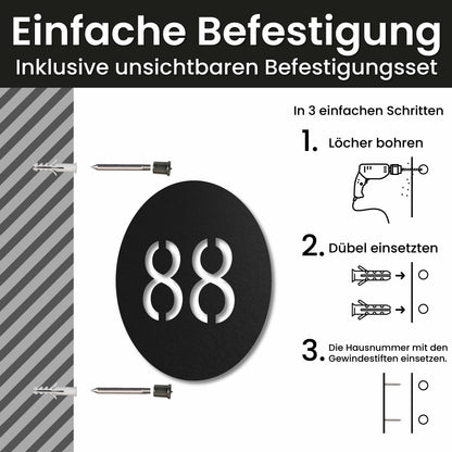 Edelstahl Hausnummernschild personalisiert – Hausnummer im Kreis, Montage mit unsichtbarem Befestigungsset · WesterWerk