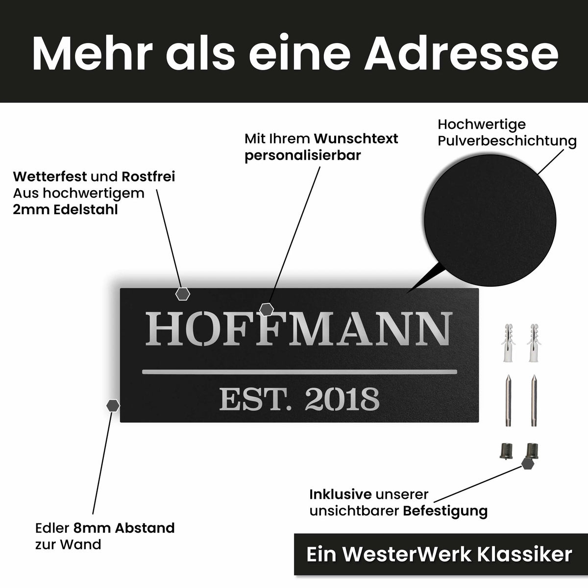 Edelstahl Hausnummernschild personalisiert – Hausschild, mit Wunschnummer und Wunschtext gestalten · WesterWerk