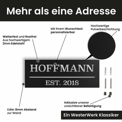 Edelstahl Hausnummernschild personalisiert – Hausschild, mit Wunschnummer und Wunschtext gestalten · WesterWerk