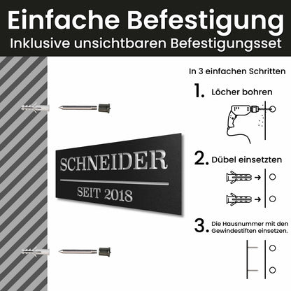 Edelstahl Hausnummernschild personalisiert – Hausschild, Montage mit unsichtbarem Befestigungsset · WesterWerk