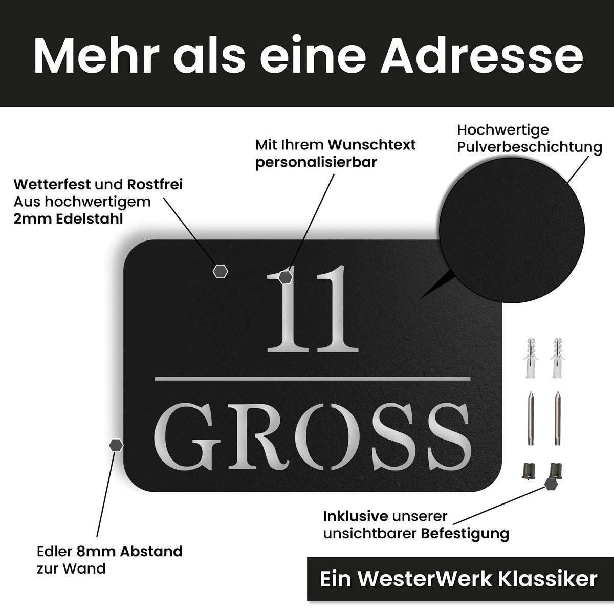 Edelstahl Hausnummernschild personalisiert – Linienschild, mit Wunschnummer und Wunschtext gestalten · WesterWerk