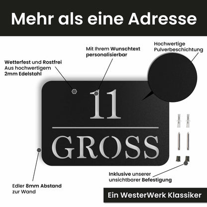 Edelstahl Hausnummernschild personalisiert – Linienschild, mit Wunschnummer und Wunschtext gestalten · WesterWerk