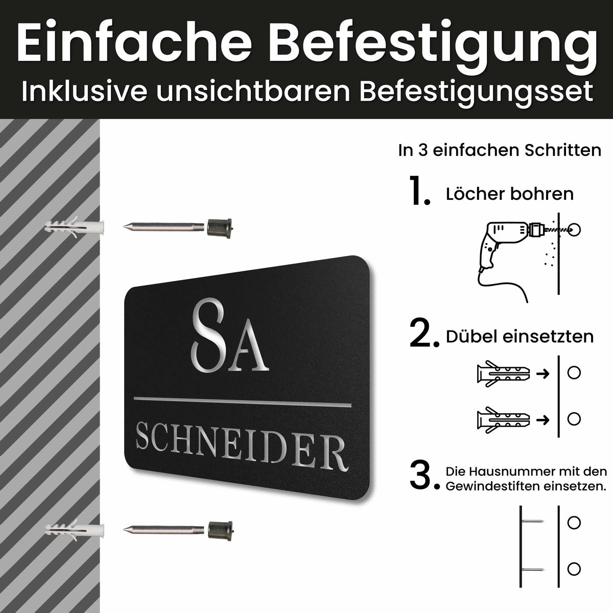 Edelstahl Hausnummernschild personalisiert – Linienschild, Montage mit unsichtbarem Befestigungsset · WesterWerk