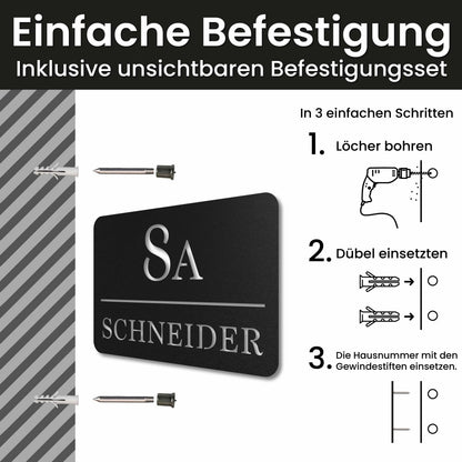 Edelstahl Hausnummernschild personalisiert – Linienschild, Montage mit unsichtbarem Befestigungsset · WesterWerk