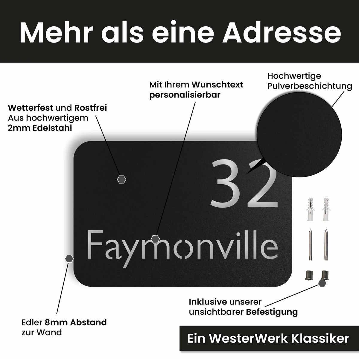Edelstahl Hausnummernschild personalisiert – Moderne Nummer- und Namensschild, mit Wunschnummer und Wunschtext gestalten · WesterWerk
