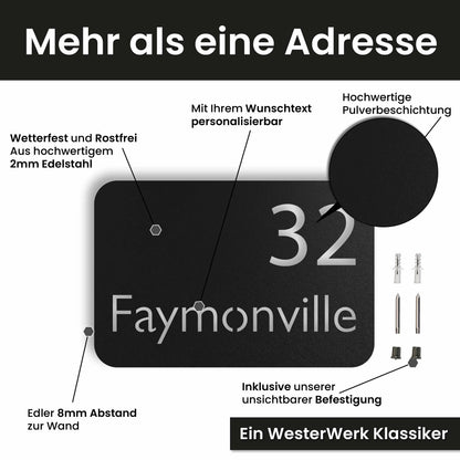 Edelstahl Hausnummernschild personalisiert – Moderne Nummer- und Namensschild, mit Wunschnummer und Wunschtext gestalten · WesterWerk