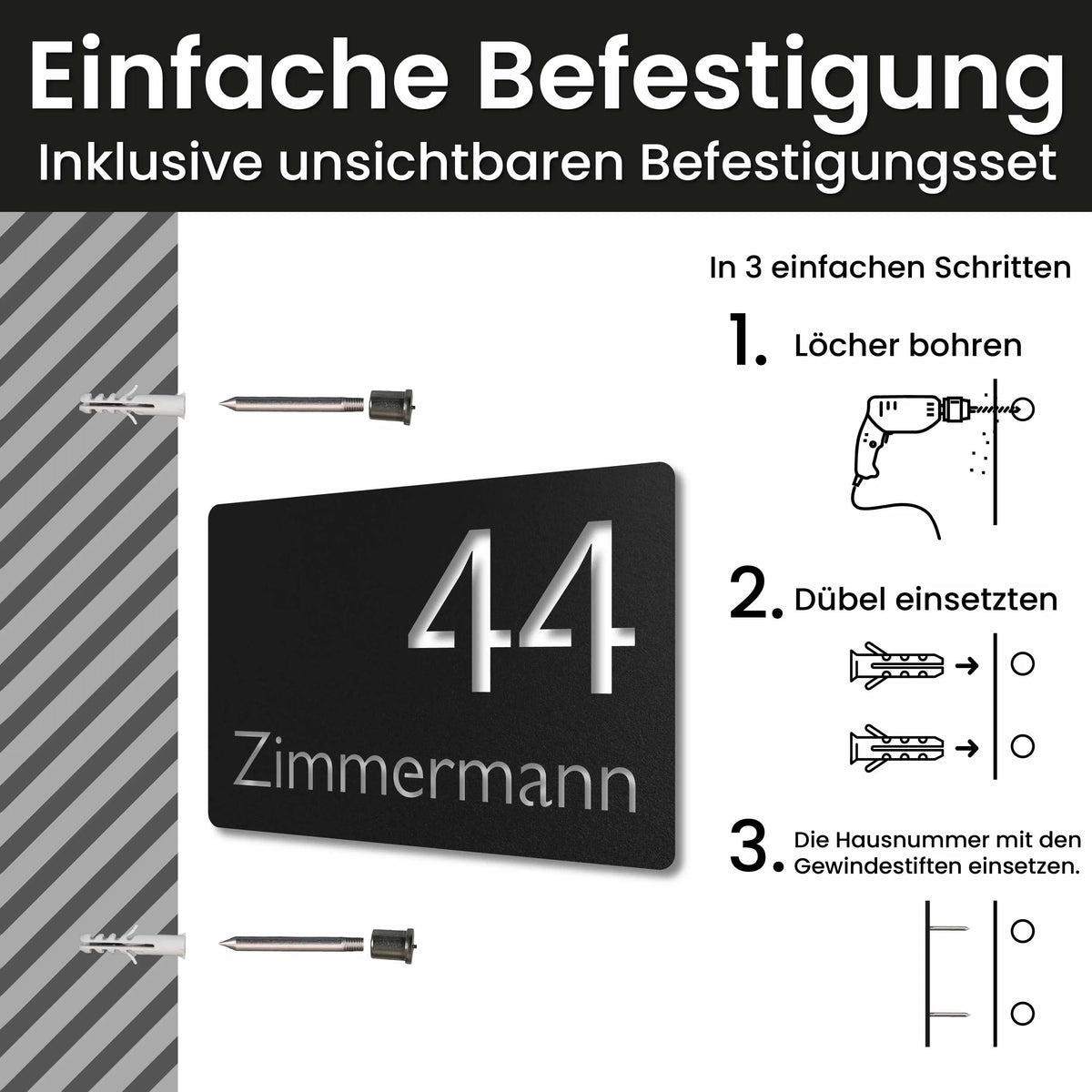 Edelstahl Hausnummernschild personalisiert – Moderne Nummer- und Namensschild, Montage mit unsichtbarem Befestigungsset · WesterWerk