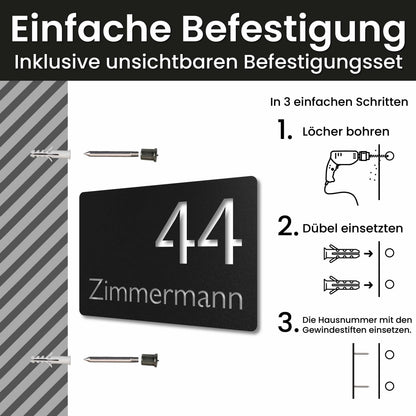 Edelstahl Hausnummernschild personalisiert – Moderne Nummer- und Namensschild, Montage mit unsichtbarem Befestigungsset · WesterWerk