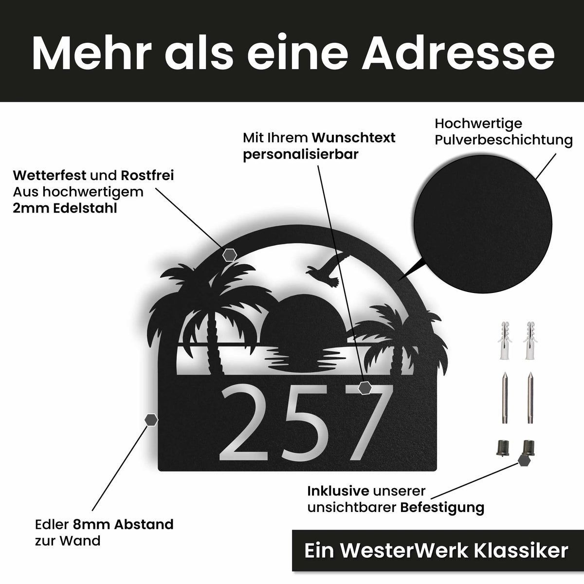 Edelstahl Hausnummernschild personalisiert – Sonnenuntergang Hausschild mit Nummer, mit Wunschnummer und Wunschtext gestalten · WesterWerk