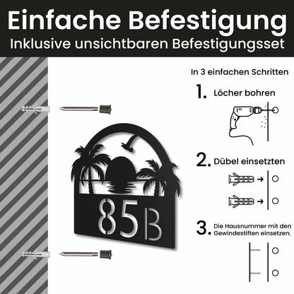 Edelstahl Hausnummernschild personalisiert – Sonnenuntergang Hausschild mit Nummer, Montage mit unsichtbarem Befestigungsset · WesterWerk
