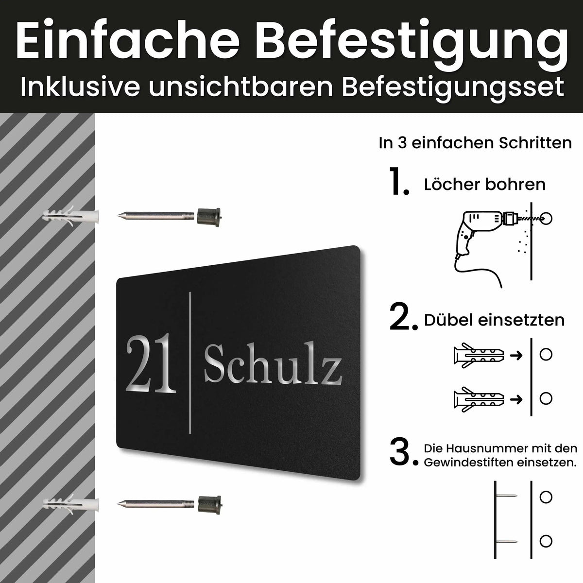 Edelstahl Hausnummernschild personalisiert – Straße und Nummer, Einfache Befestigung mit unsichtbarem Befestigungsset · WesterWerk