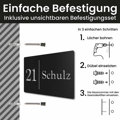 Edelstahl Hausnummernschild personalisiert – Straße und Nummer, Einfache Befestigung mit unsichtbarem Befestigungsset · WesterWerk