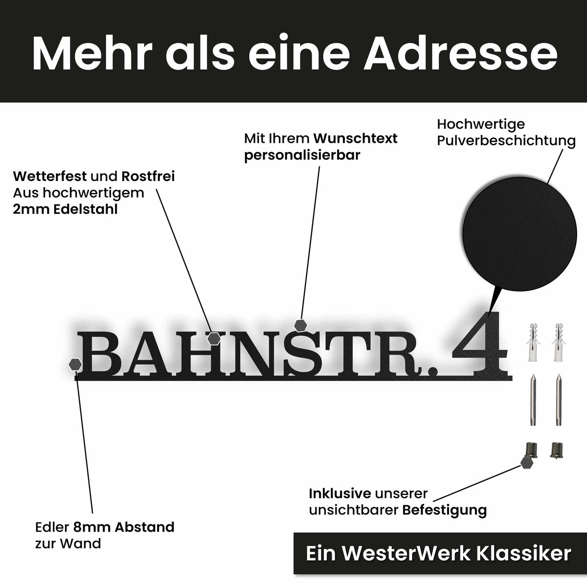 Edelstahl Straßenschild mit Hausnummer personalisiert – Einzeiliges Straßenschild, mit Wunschnummer und Wunschtext gestalten · WesterWerk