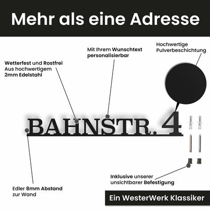 Edelstahl Straßenschild mit Hausnummer personalisiert – Einzeiliges Straßenschild, mit Wunschnummer und Wunschtext gestalten · WesterWerk