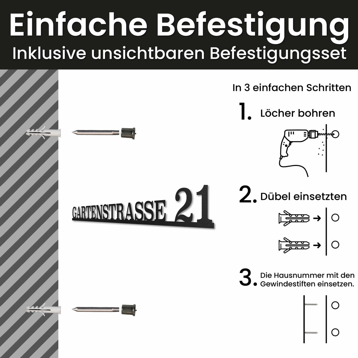 Edelstahl Straßenschild mit Hausnummer personalisiert – Einzeiliges Straßenschild, Montage mit unsichtbarem Befestigungsset · WesterWerk