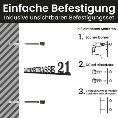Edelstahl Straßenschild mit Hausnummer personalisiert – Einzeiliges Straßenschild, Montage mit unsichtbarem Befestigungsset · WesterWerk