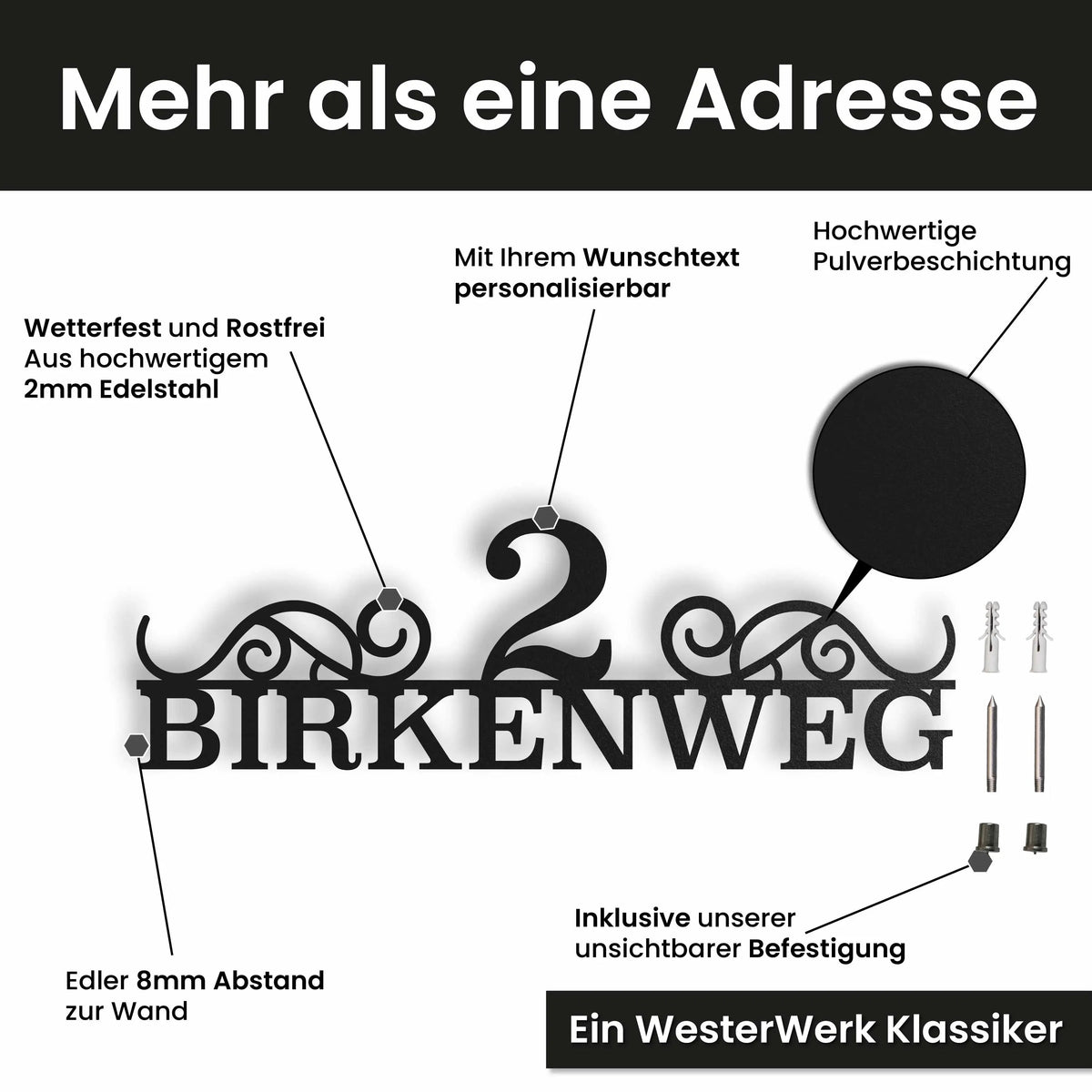 Edelstahl Straßenschild mit Hausnummer personalisiert – Klassisches Straßenschild, mit Wunschnummer und Wunschtext gestalten · WesterWerk