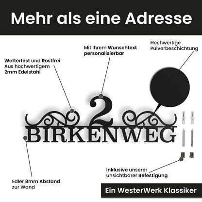Edelstahl Straßenschild mit Hausnummer personalisiert – Klassisches Straßenschild, mit Wunschnummer und Wunschtext gestalten · WesterWerk