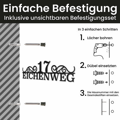 Edelstahl Straßenschild mit Hausnummer personalisiert – Klassisches Straßenschild, Montage mit unsichtbarem Befestigungsset · WesterWerk