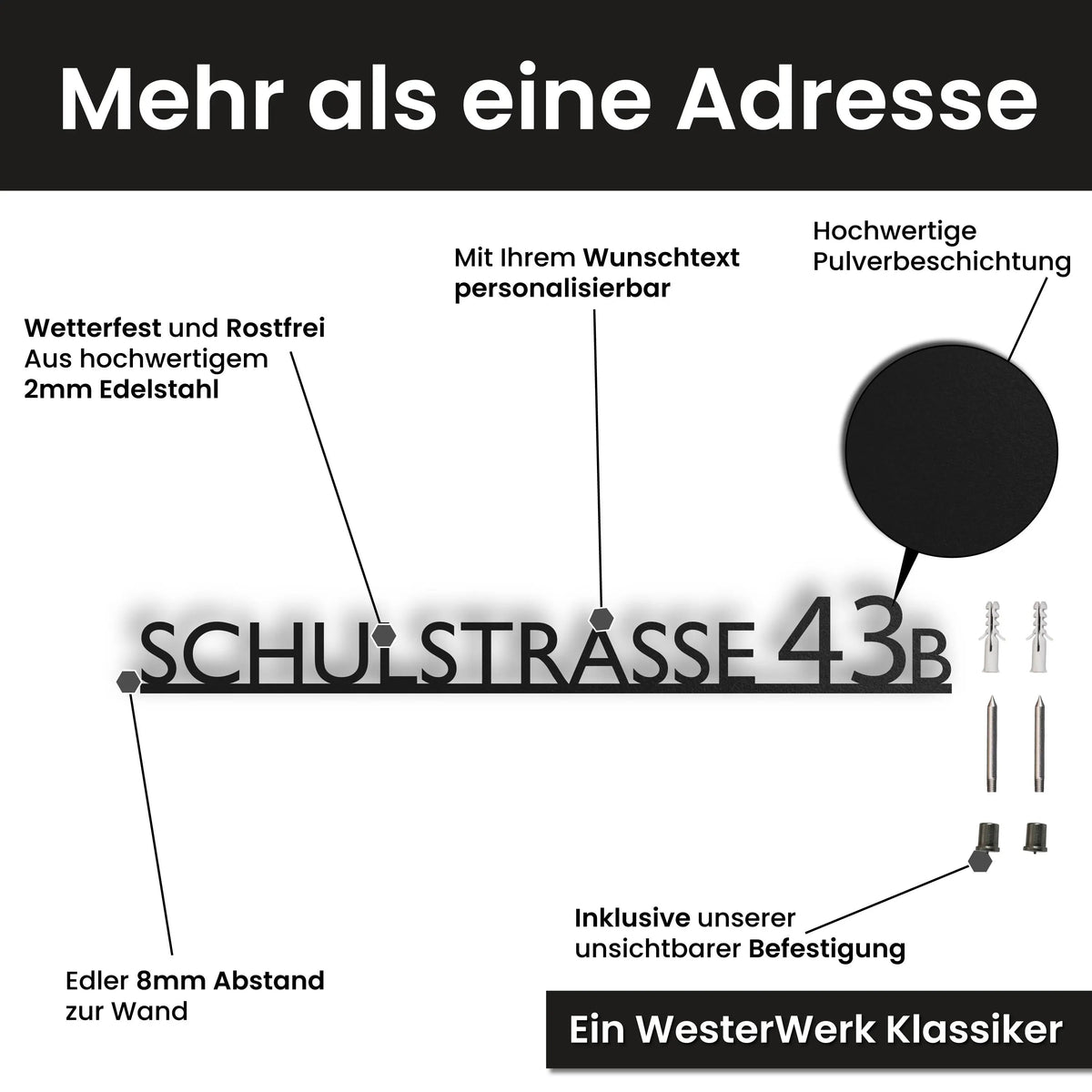 Edelstahl Straßenschild mit Hausnummer personalisiert – Modernes Einzeiliges Straßenschild, mit Wunschnummer und Wunschtext gestalten · WesterWerk