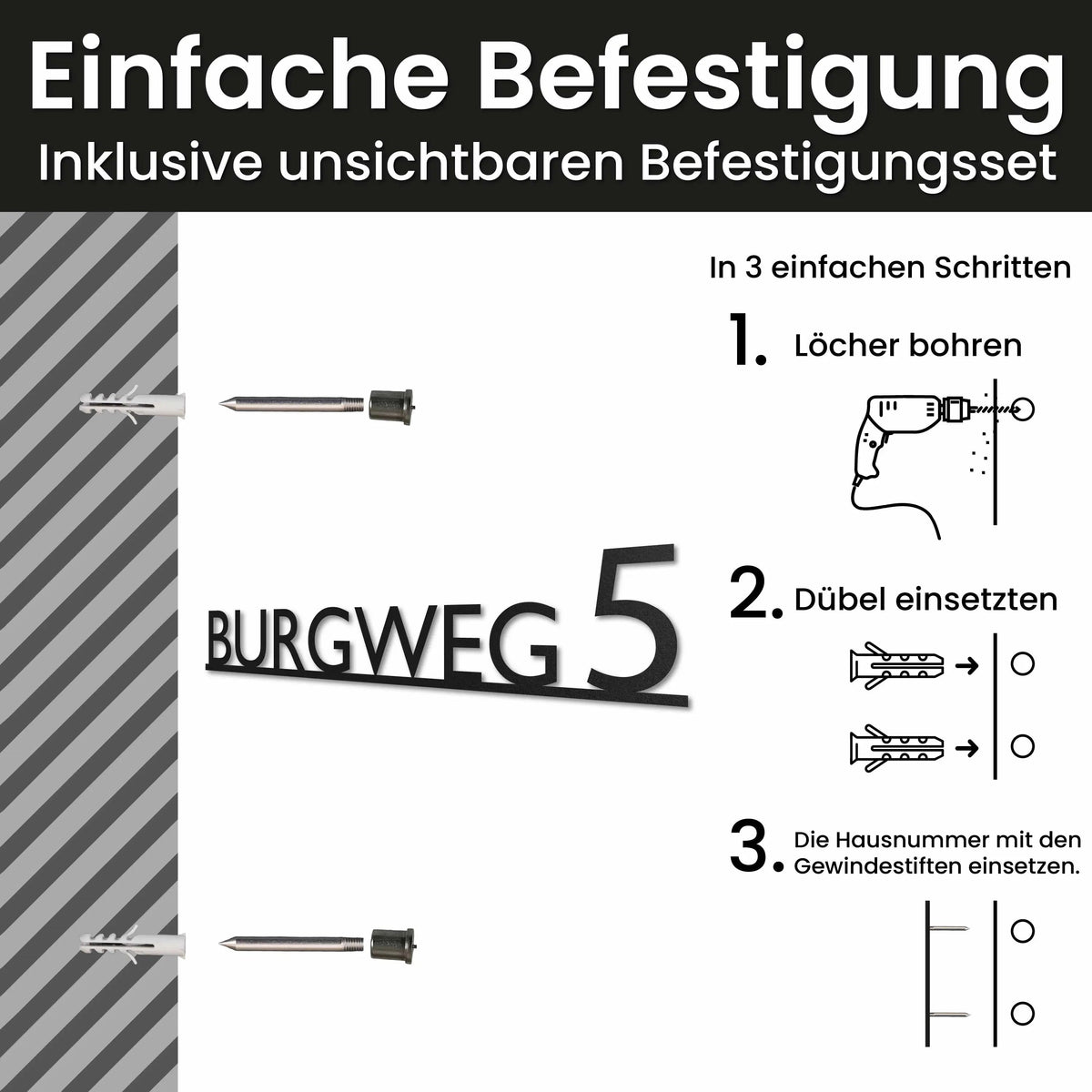 Edelstahl Straßenschild mit Hausnummer personalisiert – Modernes Einzeiliges Straßenschild, Montage mit unsichtbarem Befestigungsset · WesterWerk