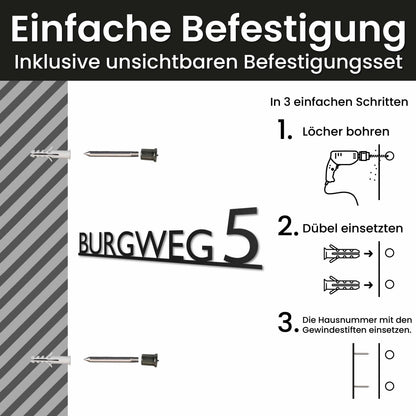 Edelstahl Straßenschild mit Hausnummer personalisiert – Modernes Einzeiliges Straßenschild, Montage mit unsichtbarem Befestigungsset · WesterWerk