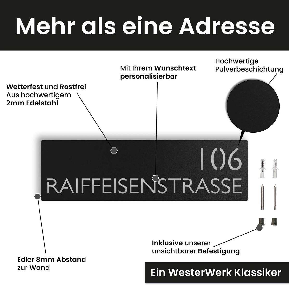 Edelstahl Straßenschild mit Hausnummer personalisiert – Modernes Straßenschild (Schild), mit Wunschnummer und Wunschtext gestalten · WesterWerk