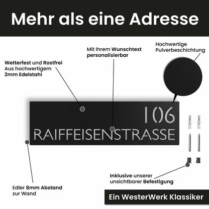 Edelstahl Straßenschild mit Hausnummer personalisiert – Modernes Straßenschild (Schild), mit Wunschnummer und Wunschtext gestalten · WesterWerk