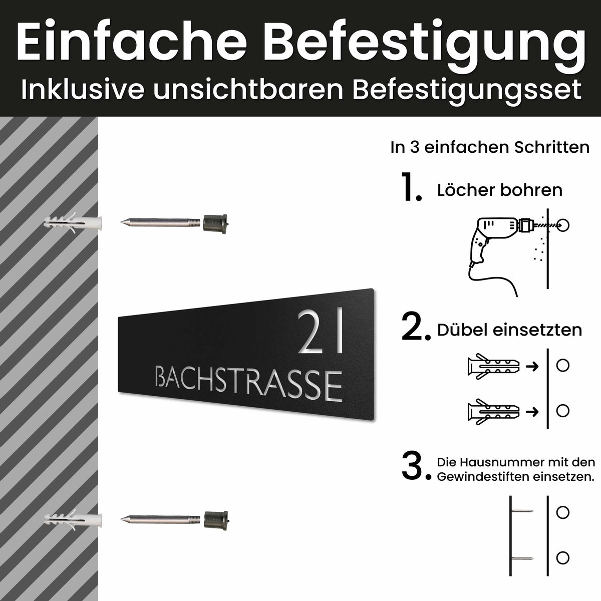 Edelstahl Straßenschild mit Hausnummer personalisiert – Modernes Straßenschild (Schild), Montage mit unsichtbarem Befestigungsset · WesterWerk