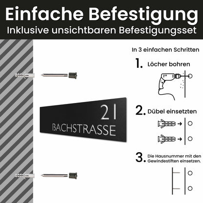 Edelstahl Straßenschild mit Hausnummer personalisiert – Modernes Straßenschild (Schild), Montage mit unsichtbarem Befestigungsset · WesterWerk