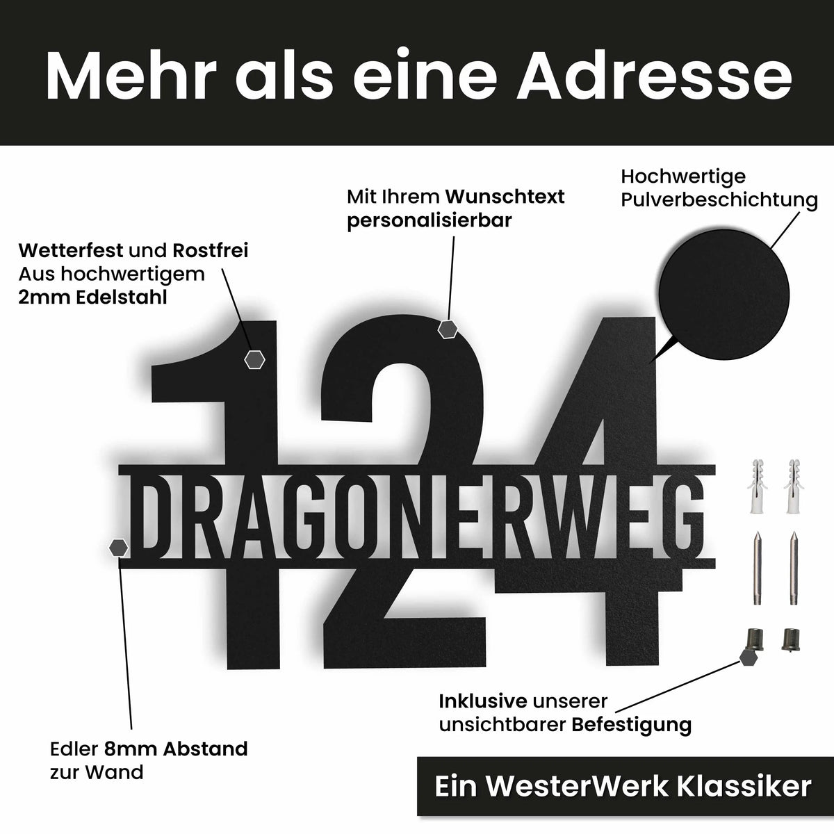 Edelstahl Straßenschild mit Hausnummer personalisiert – Straße vor Nummer, mit Wunschnummer und Wunschtext gestalten · WesterWerk