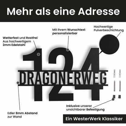 Edelstahl Straßenschild mit Hausnummer personalisiert – Straße vor Nummer, mit Wunschnummer und Wunschtext gestalten · WesterWerk