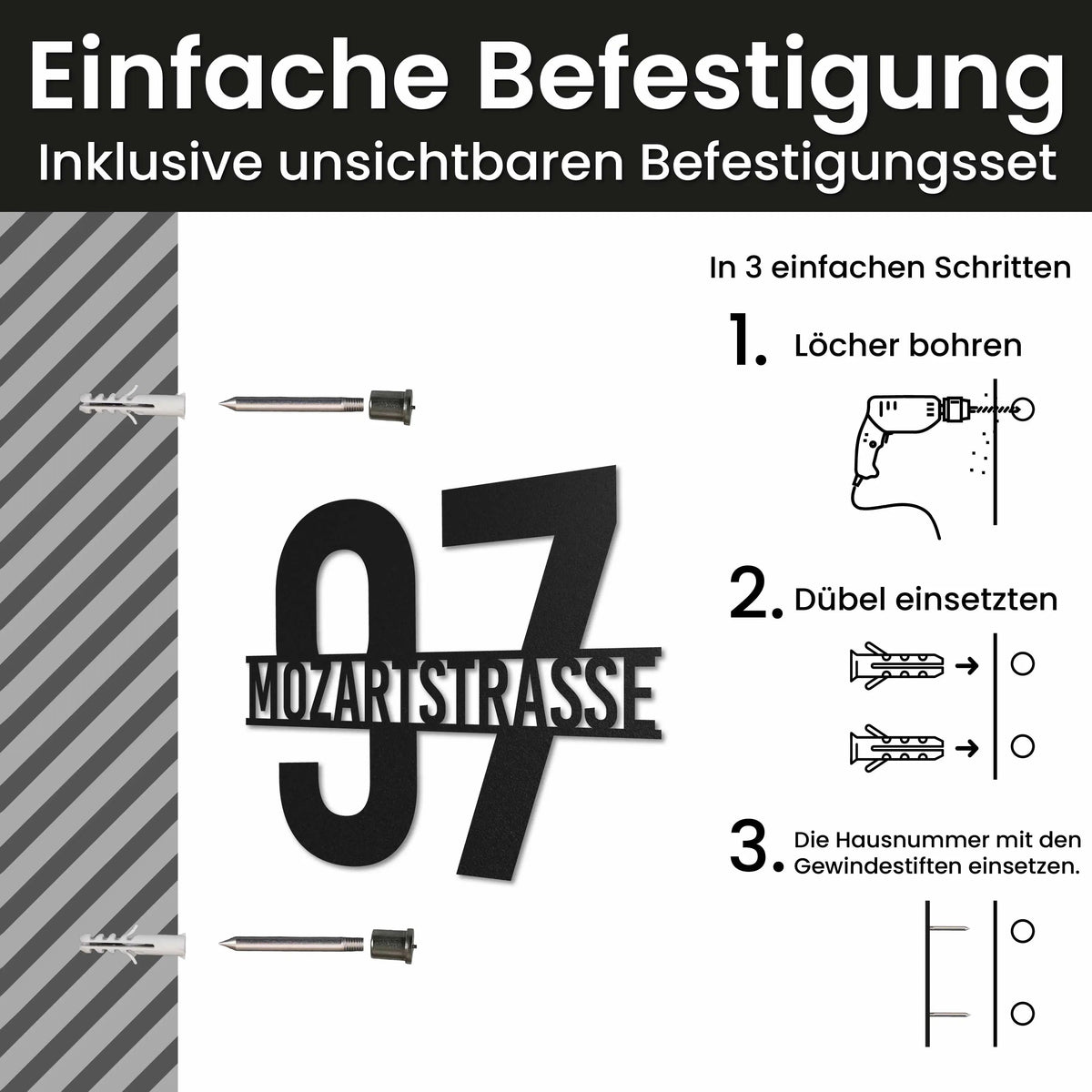 Edelstahl Straßenschild mit Hausnummer personalisiert – Straße vor Nummer, Montage mit unsichtbarem Befestigungsset · WesterWerk