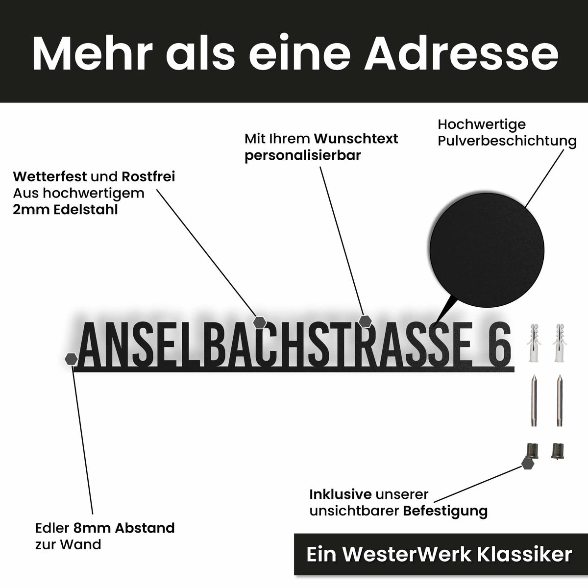 Edelstahl Straßenschild mit Hausnummer personalisiert – Straßenschild mit Hausnummer auf einer Linie, mit Wunschnummer und Wunschtext gestalten · WesterWerk