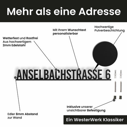 Edelstahl Straßenschild mit Hausnummer personalisiert – Straßenschild mit Hausnummer auf einer Linie, mit Wunschnummer und Wunschtext gestalten · WesterWerk