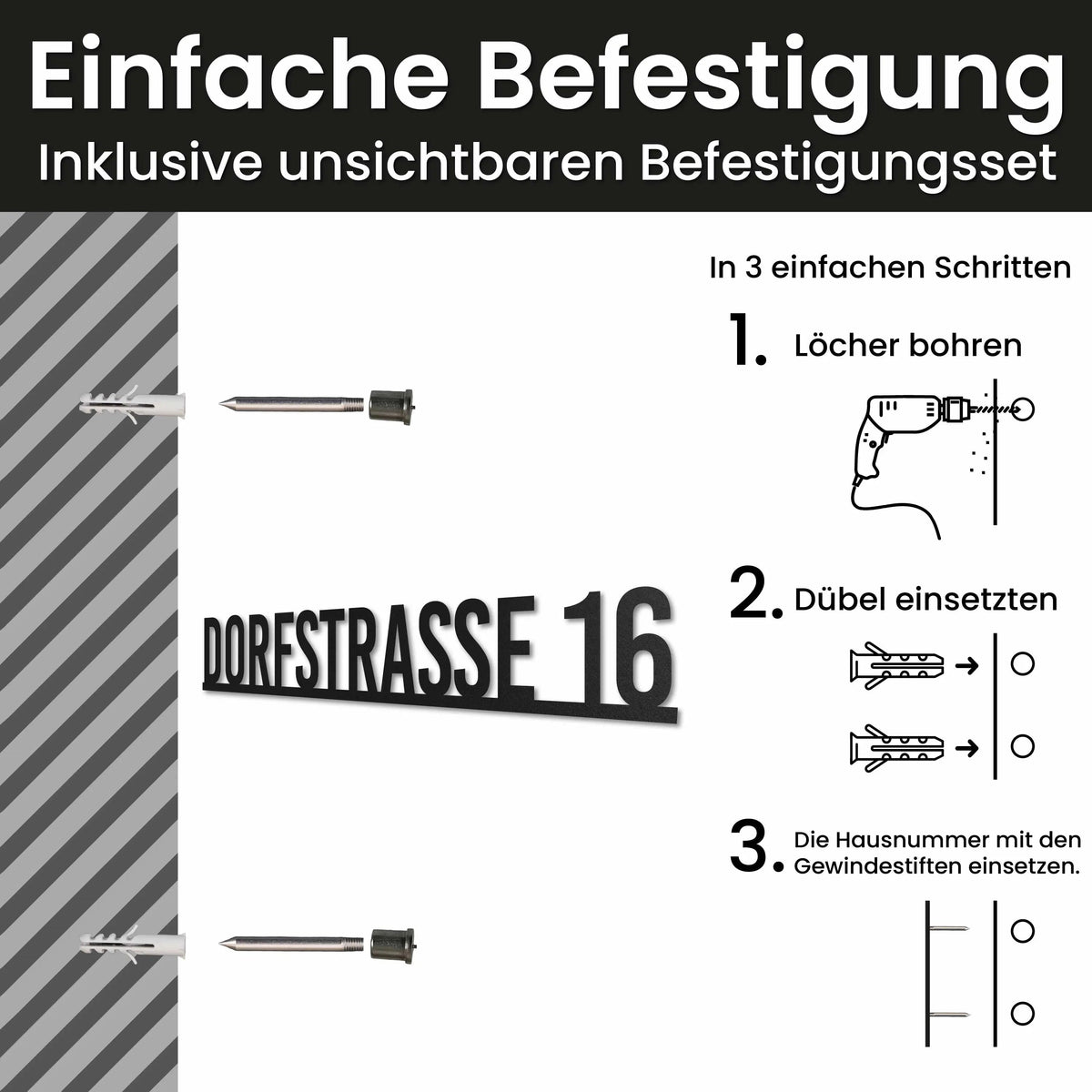 Edelstahl Straßenschild mit Hausnummer personalisiert – Straßenschild mit Hausnummer auf einer Linie, Montage mit unsichtbarem Befestigungsset · WesterWerk