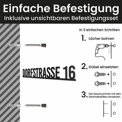 Edelstahl Straßenschild mit Hausnummer personalisiert – Straßenschild mit Hausnummer auf einer Linie, Montage mit unsichtbarem Befestigungsset · WesterWerk